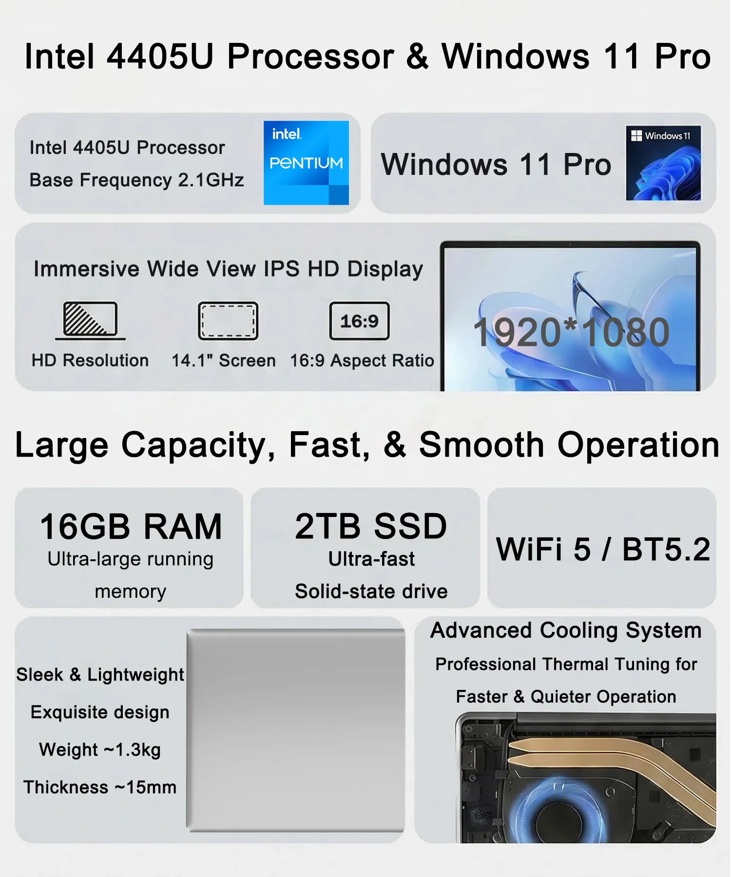 New Ultra Slim Laptop 14.1″ 16GB RAM 2TB SSD Intel 4405U Gaming PC 1920*1080 Display Office Study Computer PC Windows 11 Pro
