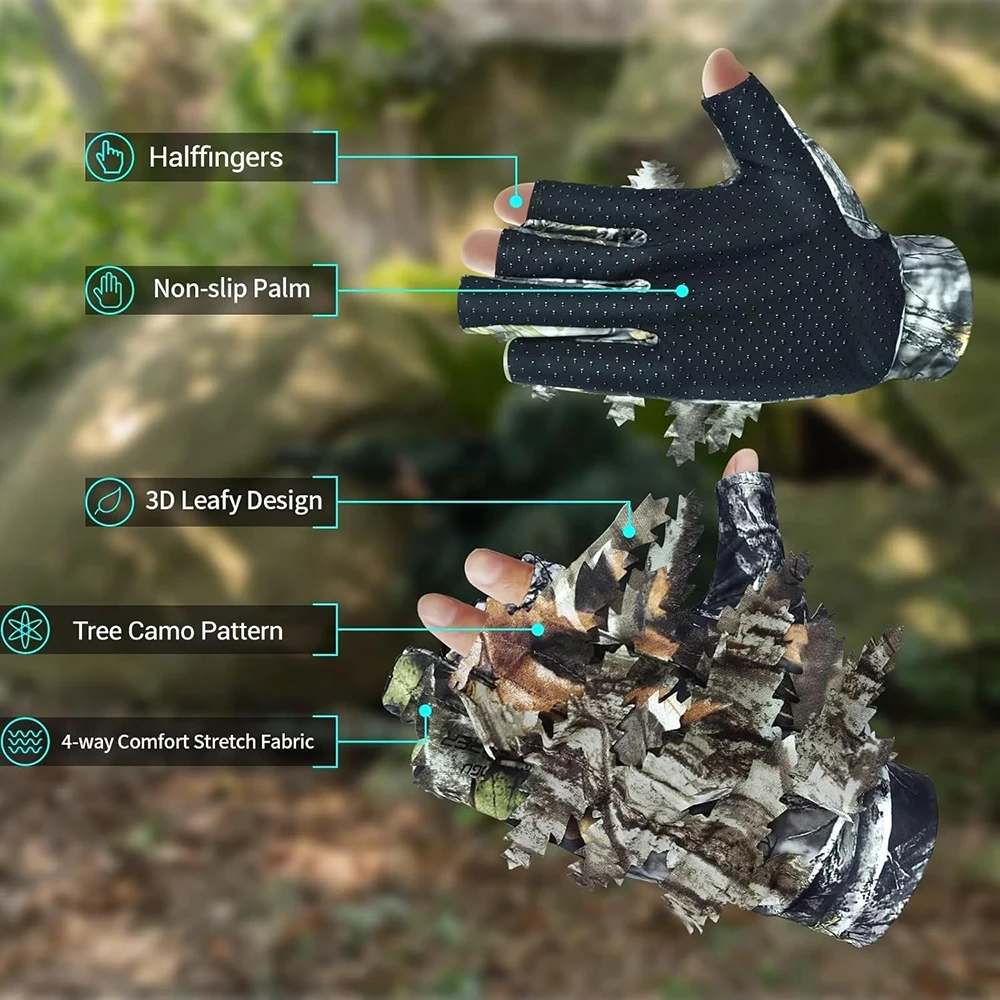 Camouflage Hunting Gloves 3D Leafy Ghillie Gloves Anti-Slip Camo for Outdoor Hunting Fishing Wildlife Photography
