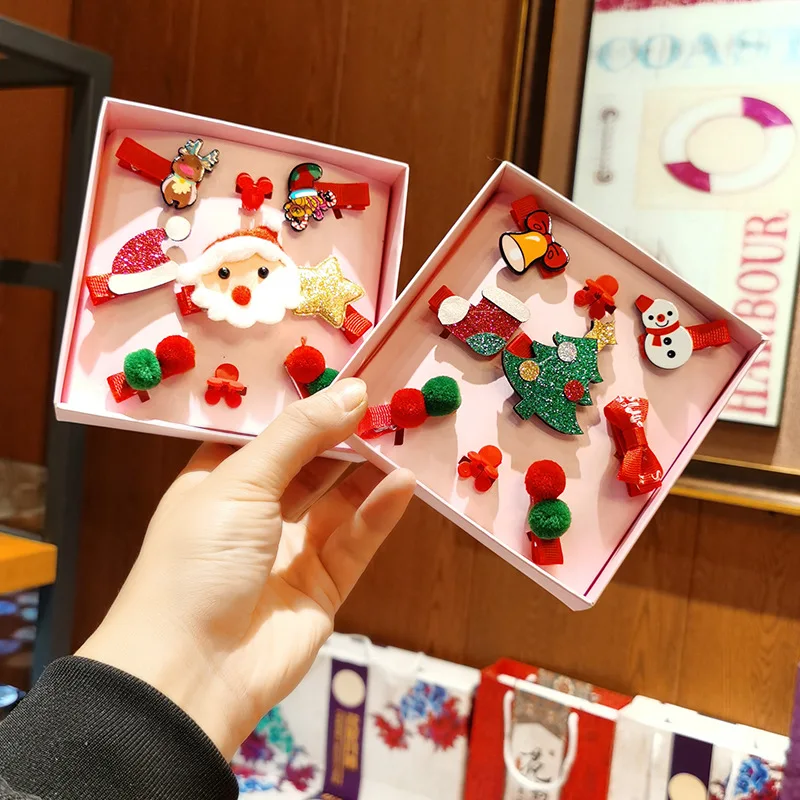 

Kids Hair Clips Christmas Gift Box Children's Hairpins Cute Girl Headdressing Headwear Accessories 9pcs/Set Trees Deer Barrettes