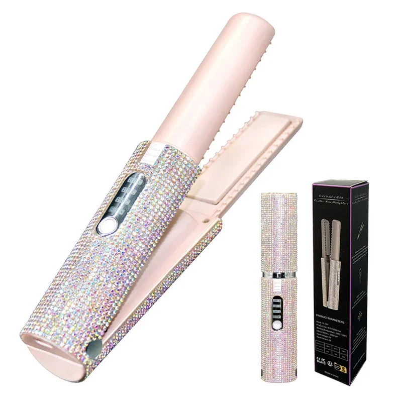 Hair Curler Hair Straightener 2-IN-1 Electric USB Hair Straightener Curler Fashion Colored Diamond Design Wireless Travel Hair Straightening Styler Brush