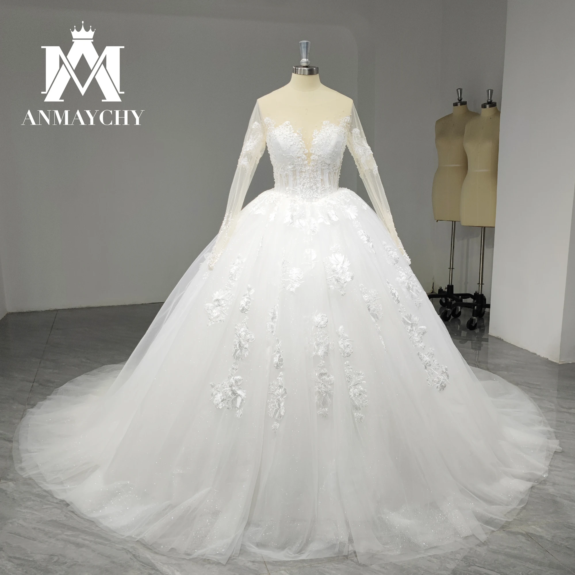 

ANMAYCHY Ball Gown Luxury Wedding Dress For Bride Beading Appliques Illusion Cathedral Long Sleeve Wedding Gown Vestido De Novia