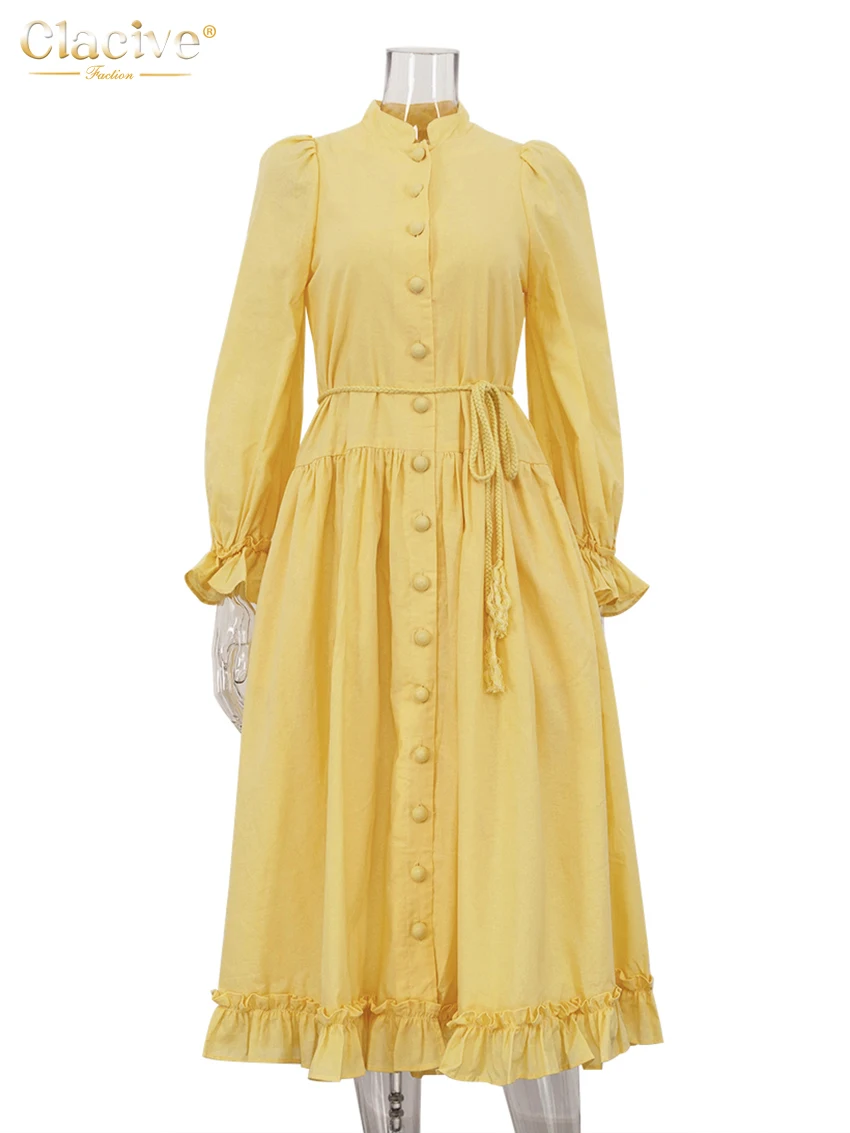 Clacive Fashion Loose Yellow Women Dress 2025 Casual Stand