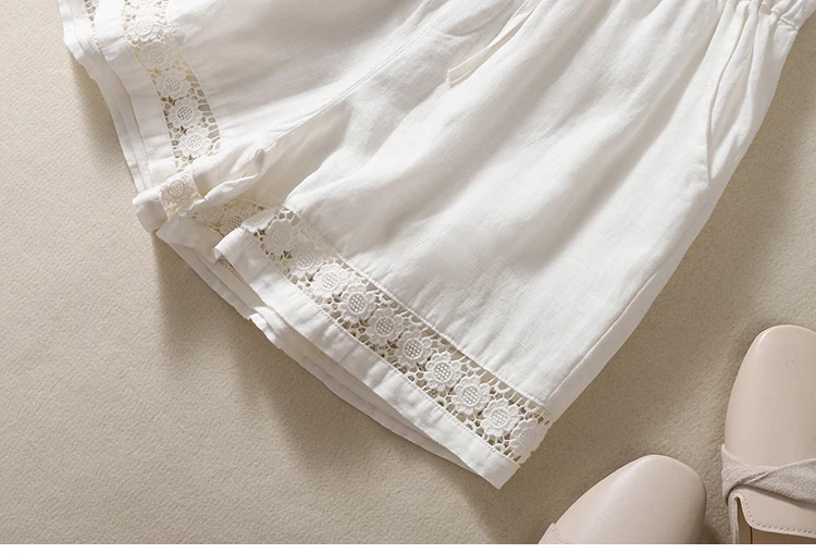 Casual Solid Linen Cotton Lace Floral Summer Short Pants Loose Elastic Waist Boho Beach Wear Shorts for Women Bottom