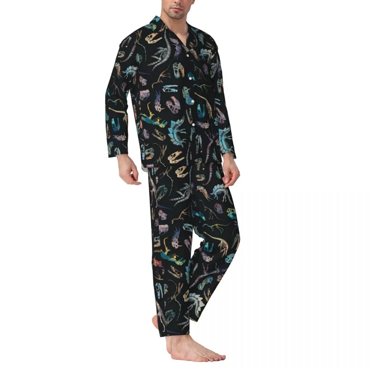 

Gothic Fossil Pajama Sets Autumn Dinosaurs Skeletons and Skulls Warm Leisure Sleepwear Unisex 2 Piece Casual Graphic Home Suit