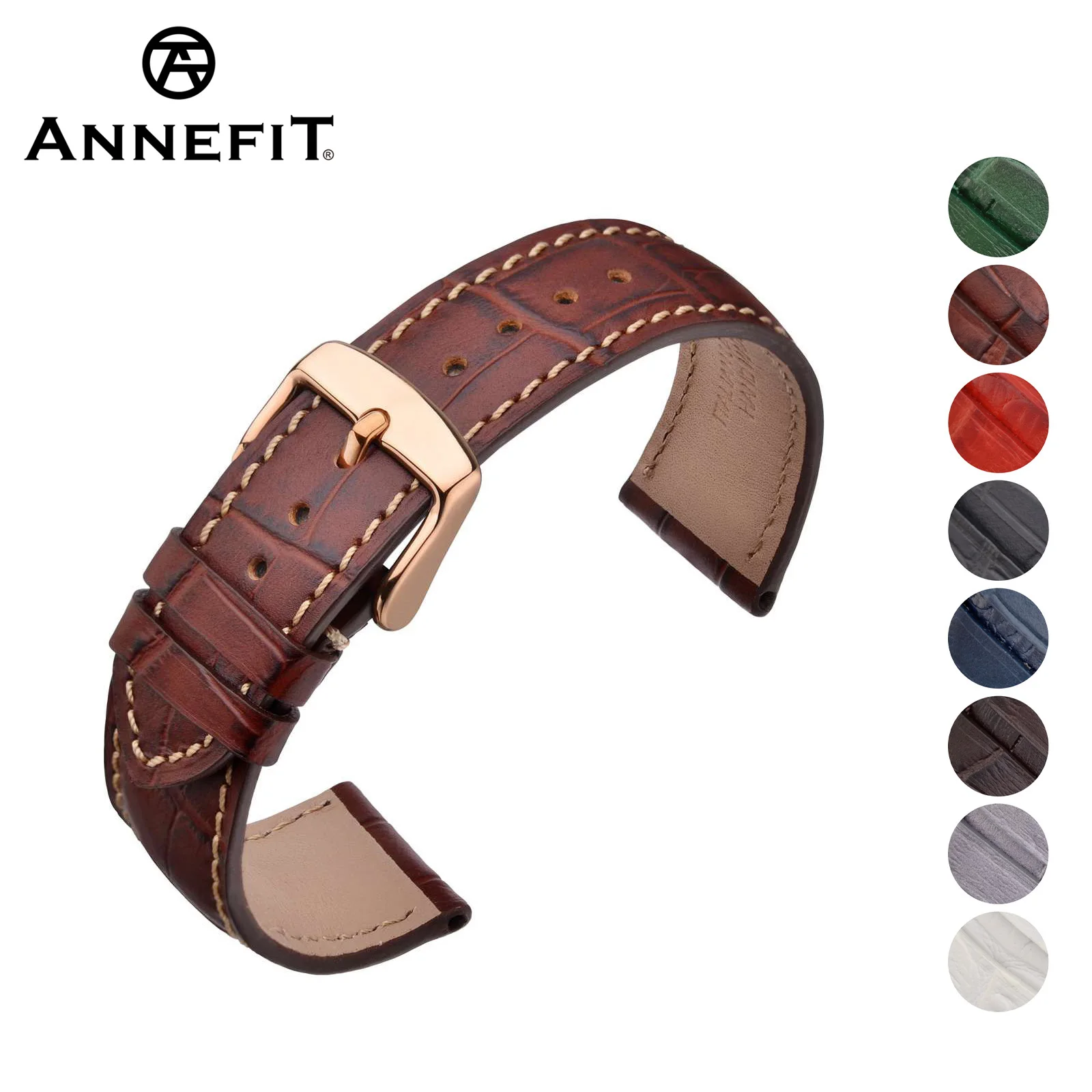 

ANNEFIT Italian Leather Watch Band, 18mm 20mm 22mm, Embossed Alligator Grain Bracelet, Stainless Steel Buckle, Quick Release