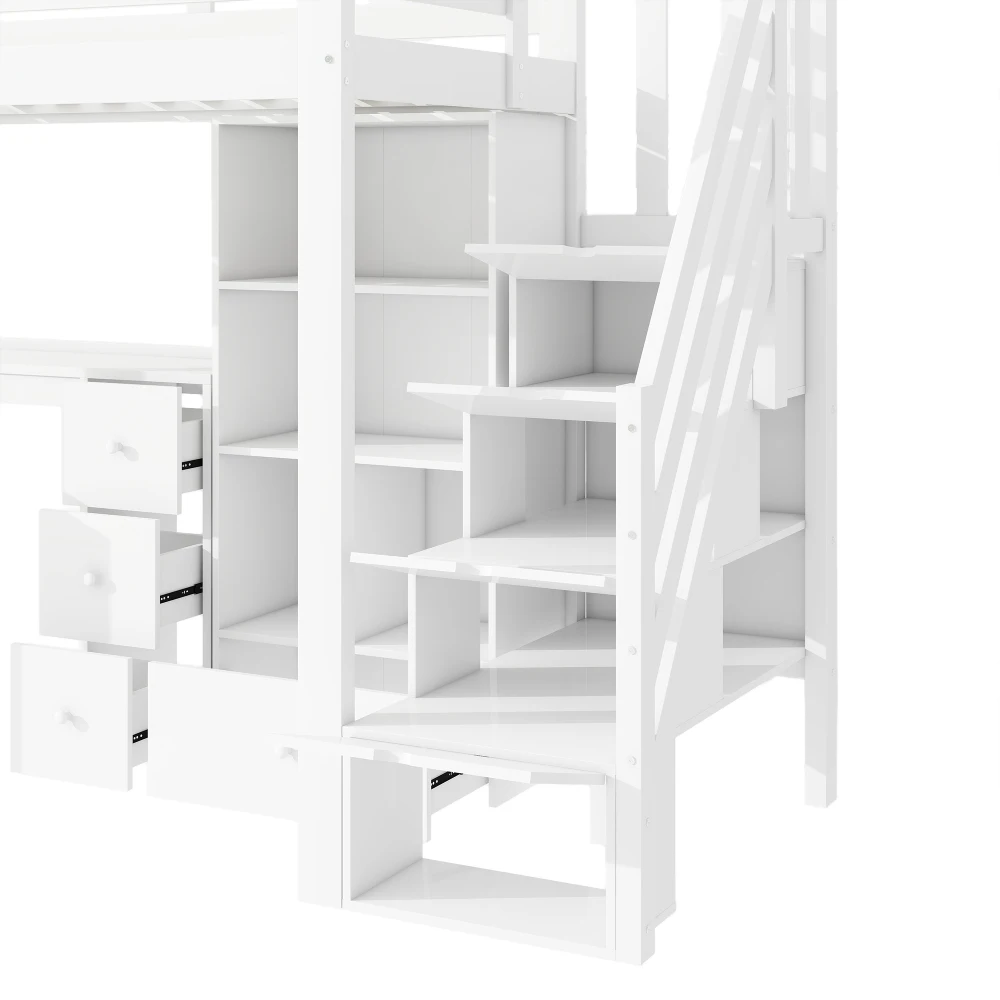 Hochbett, 90 x 200 cm, ohne Matratze, Schreibtisch, Schubladen, Balkon, offener Aufbewahrungsschrank, verstellbare Rolltreppen, EN 747-zertifiziert – Detail 18