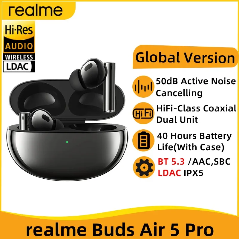 

Global Version realme buds Air 5 Pro TWS Earphone 50dB Active Noise Cancelling True Wireless Headphone Bluetooth 5.3 LDAC