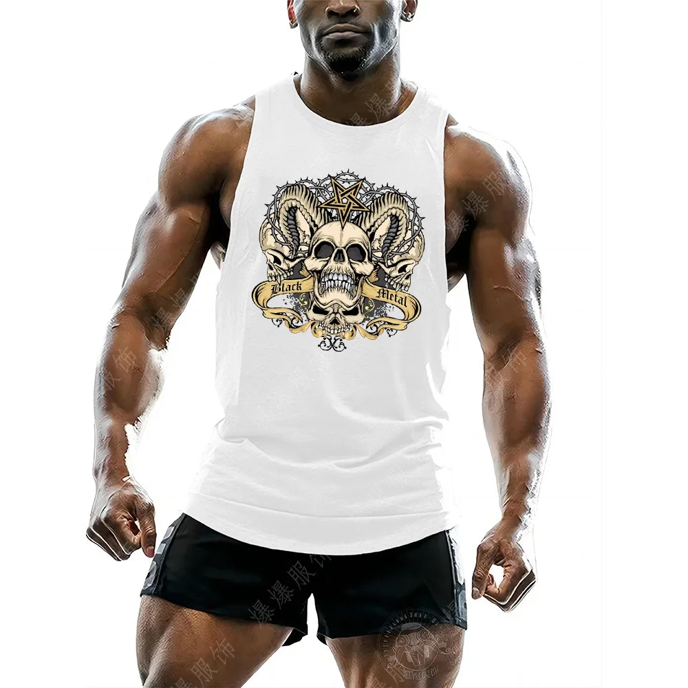 

Summer new men's fitness plus size vest training printed pattern skull comfortable sweat absorption sleeveless vest top