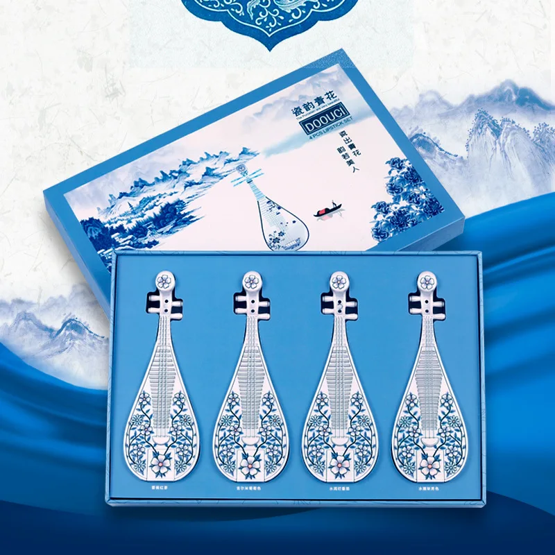 

Подарок на день Святого Валентина, набор сине-белых фарфоровых резных помад, матовые бархатные увлажняющие помады, Женский Макияж для губ, красота