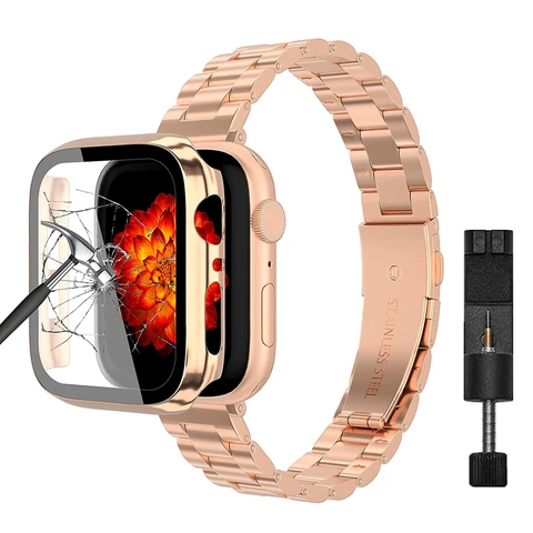 Apple Watch Band+Case 38mm 40mm 41mm 42mm 44mm 45mm Women Slim Stainless Steel Strap for iWatch SE 7 6 5 3 Screen Protector