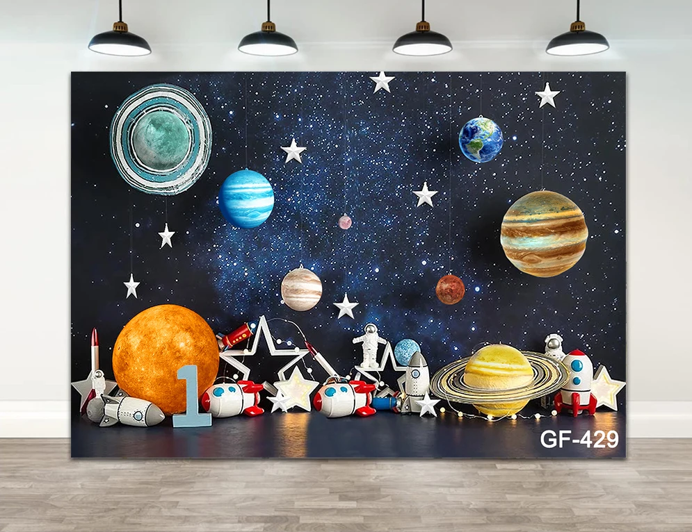 

1st Birthday Party Photography Background Space Astronaut Rocket Astronomy Planet Galaxy Child Backdrop Photo Studio