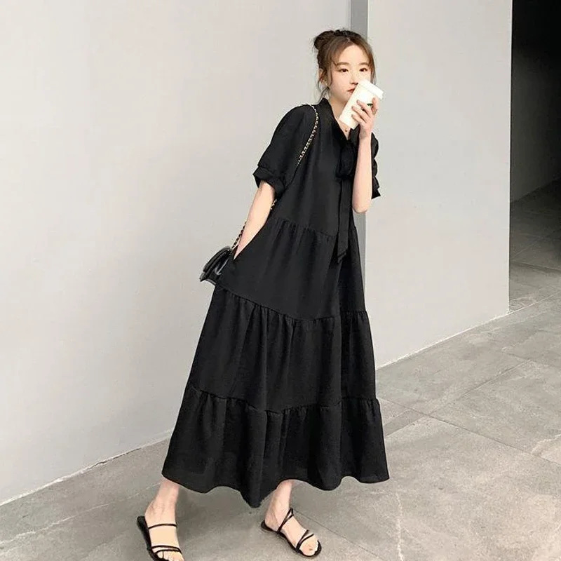 

Solid Pleated Lacing Long Dress Summer New Bow Short Sleeve Loose Plus Size Casual Dresses Simplicity Fashion Women Clothing