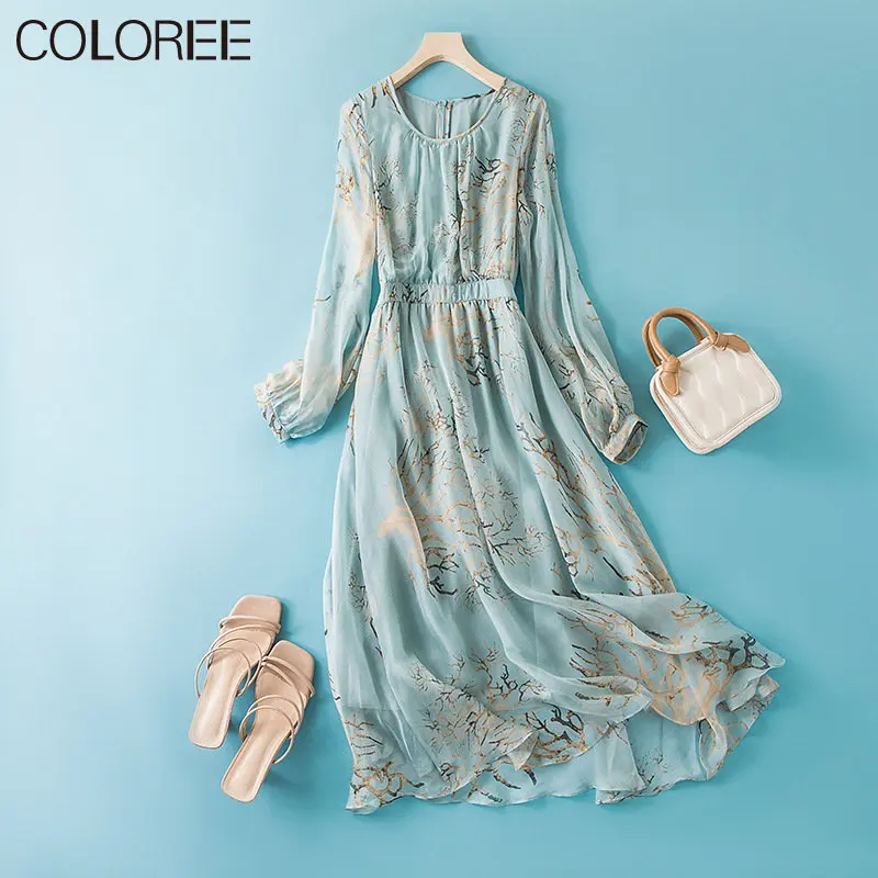

100% Silk dresses for women 2023 spring summer vintgae o-neck long sleeve pleated maxi dress blue printed vestidos para mujer