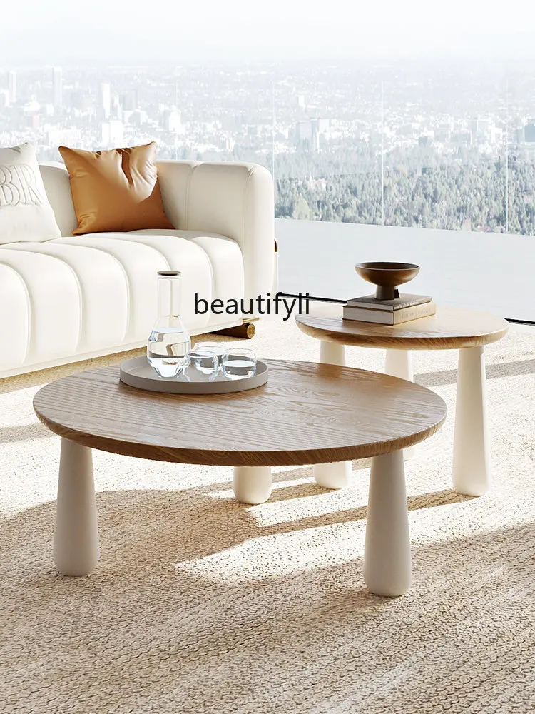 

Light French Cream Style round Coffee Table Nordic Log Style Combination Size Tea Table