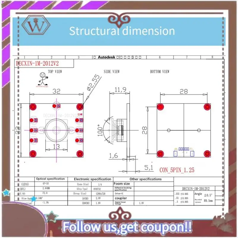 ABBG-10PCS 100도 카메라 모듈 1MP OV9732 1280X720 USB 프리 드라이버 수동 초점 2미터 케이블 포함 WinXP/7/8/10용