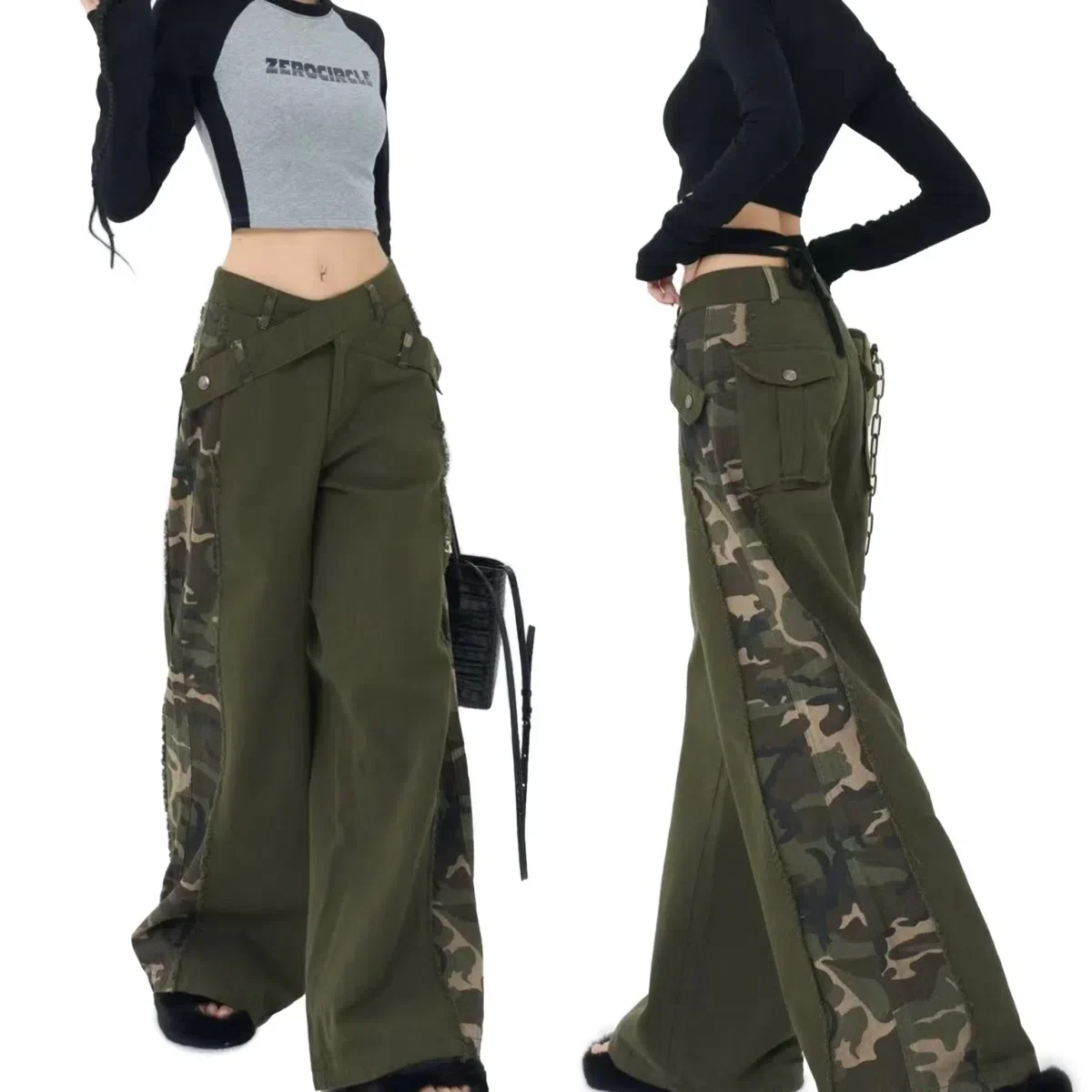 New American Retro Solid Multi Pocket Wide Leg Cargo Pants Functional High Waist Pants Harajuku Style Hip-Hop Straight Trousers jeans women panelled loose personality creativity design casual summer wide leg denim trousers popular hipster streetwear retro