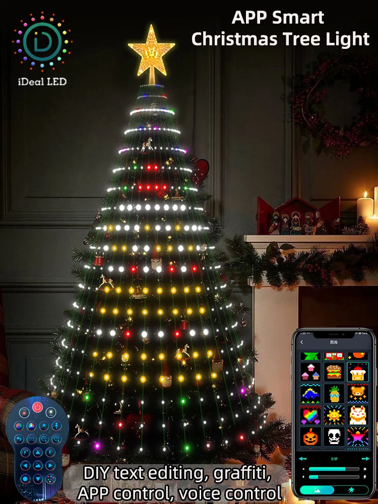 Smart Christmas Tree Top Lights App DIY Text Pictures LED RGB String Lights Bluetooth Control LED Christmas Waterfall Lights
