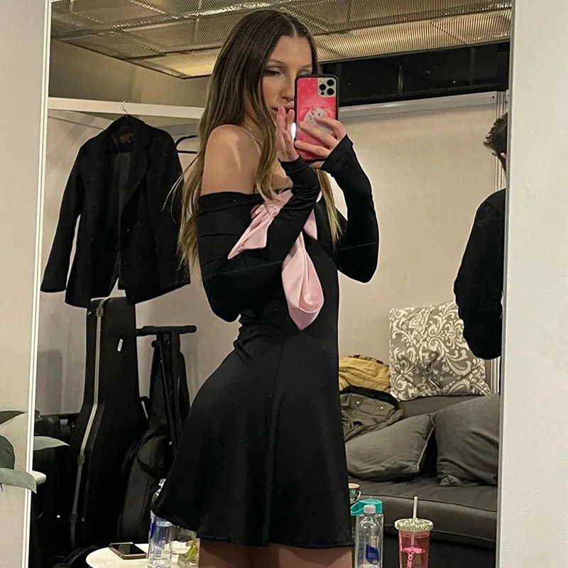 JULISSA MO 2025 Autumn Fashion Strapless Long Sleeve Bow Mini Dress For Women Sexy Slim A-line Outfits Solid Patchowrk Dress New