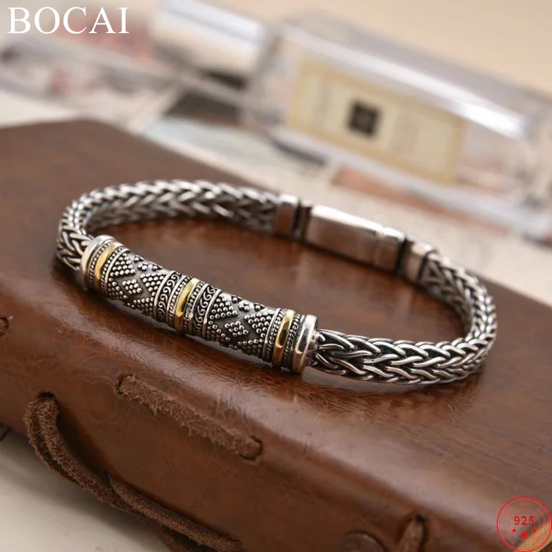 

BOCAI S925 Sterling Silver Bracelets for Women Men New Fashion Contrast Colored Dotted Willow Nail Pattern Jewelry Free Shipping