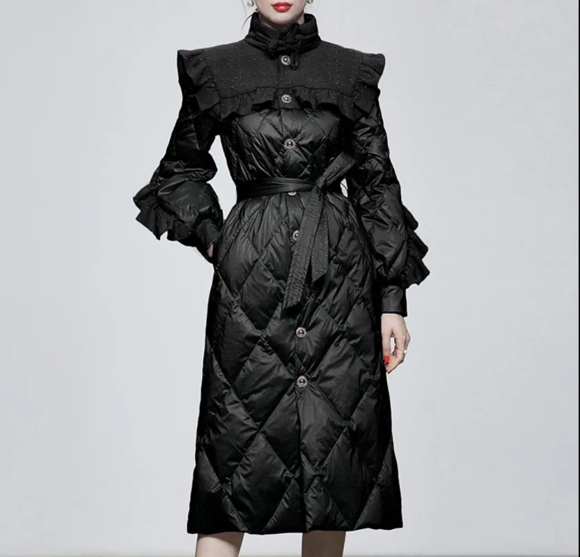 Winter Women New Black Long Jacket Stand Collar Latern Sleeve White