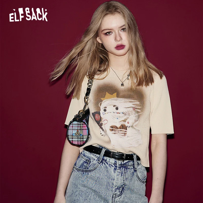 

ELFSACK Knitwear Short T-Shirts Undershirt Printed T-shirt Women 2024 Spring Short Sleeve Basic Daily Tops
