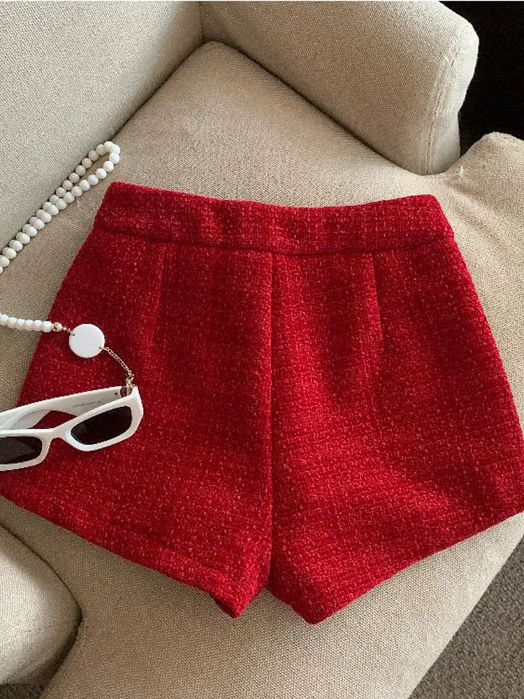 Tweed Shorts Women Korean High Waist Wide Leg Shorts Office Lady Elegant White Black Autumn Winter Casual All Match Short Pants 6
