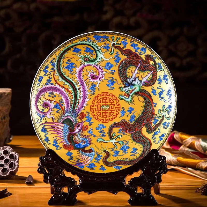 

Jingdezhen Ceramic Decorative Plate Jiulongfeng Decorative Wooden Base Chinese Traditional Plate Set Wedding Gift 26cm