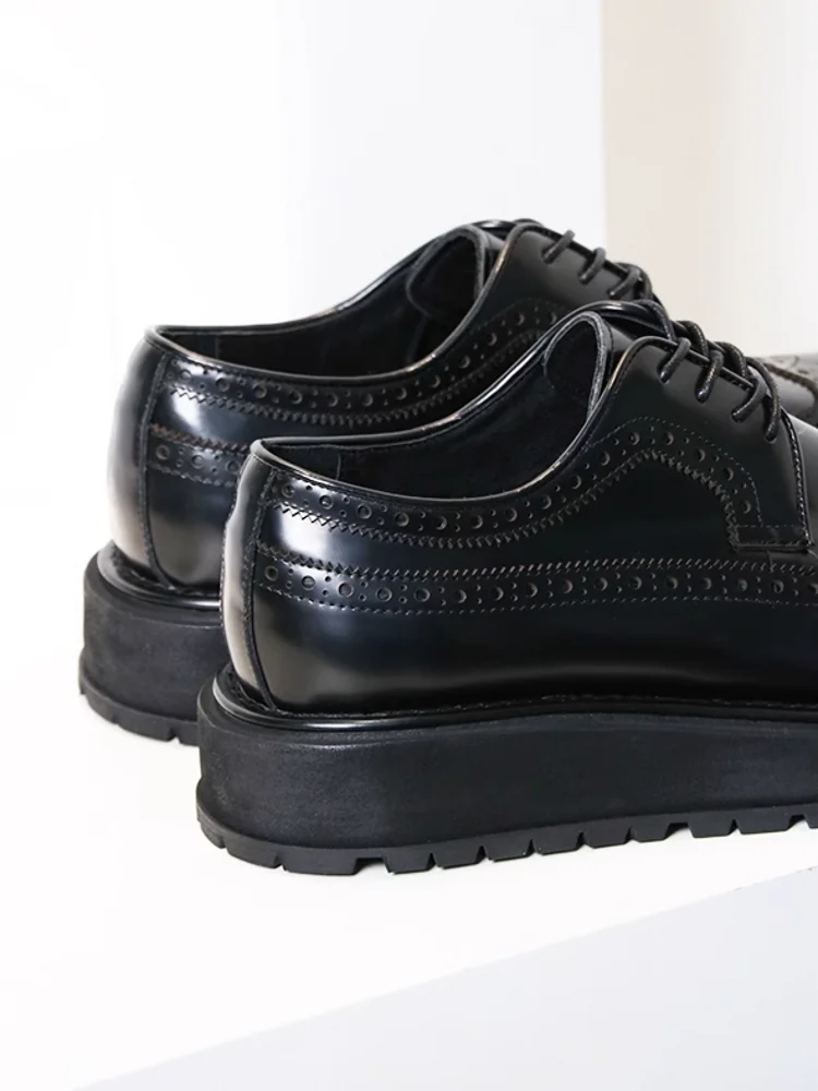 Mens Wing Tip Brogue Shoes Business Height Increasing Thick Platform Cowhide Genuine Leather Formal Shoes Bright Work Dress