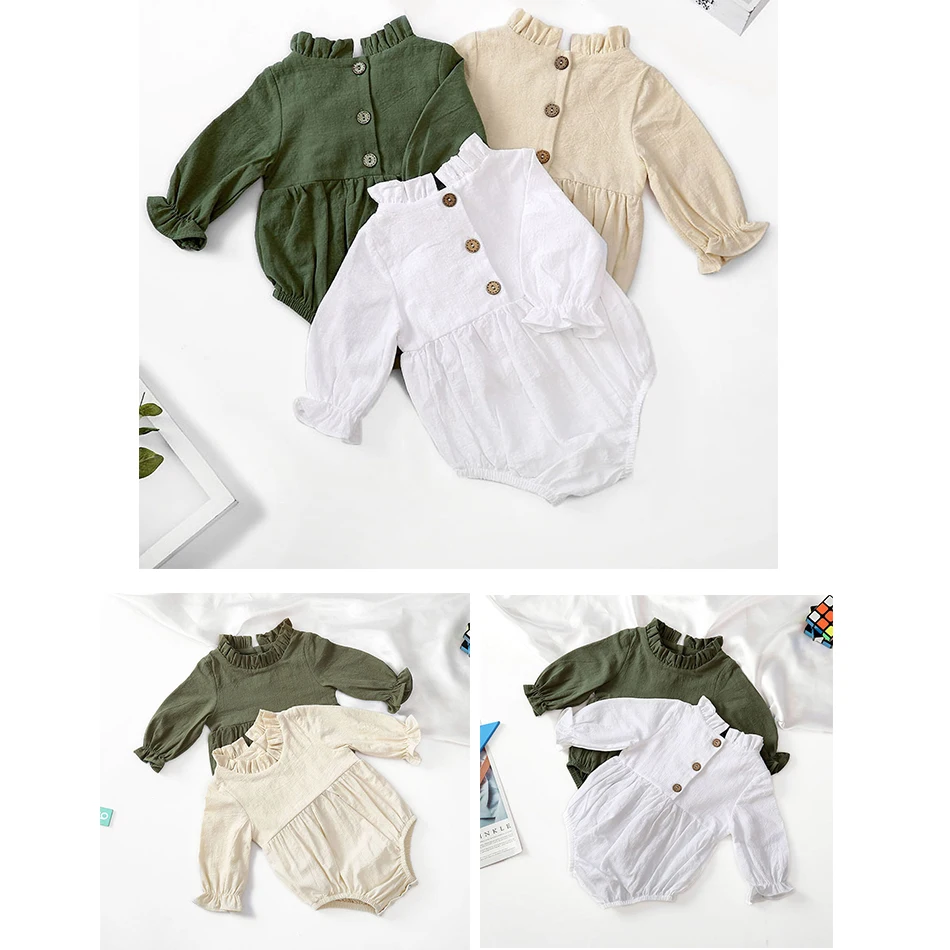 

Infant One-Piece Newborn Ruffles Sleeper Children Long Sleeve Solid Color Jumpsuit Toddler White Beige Green Romper Pajamas