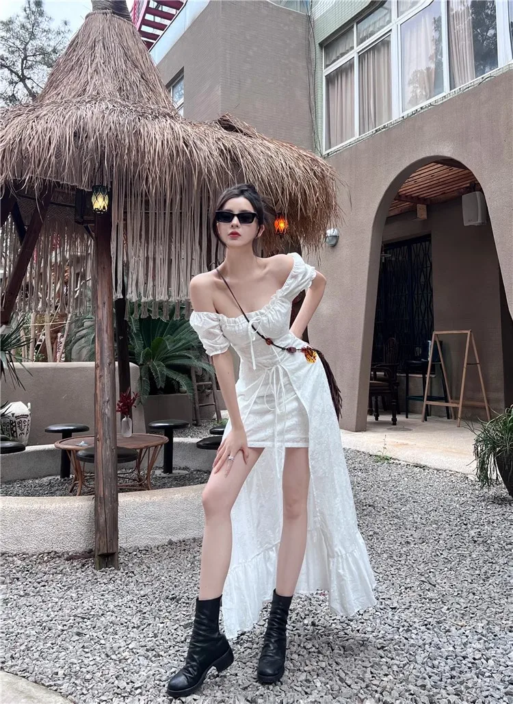 Y2K Long Dresses for Women Puff Sleeve Lace-up A-line Off Shoulder Club Party Dress Summer New Korean Chic One Piece Vestido