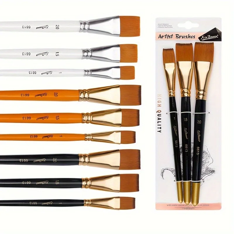 3pcs Watercolor Acrylic Flat Brushes Professional Flat Acrylic Paint Brushes, Multifunctional Paint Brush Set for Watercolour