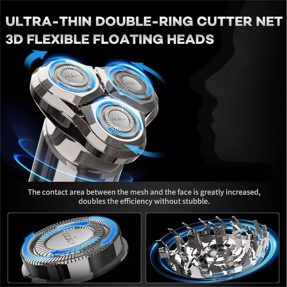 SEJOY Anti-Pinch Electric Shaver Beard Trimmer 3D Rotary Razor Electric Razor for Men Waterproof 3
