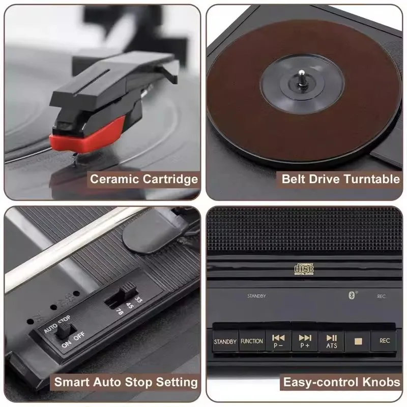 다기능 레트로 비닐 레코드 플레이어 CD 플레이어 내장 스피커 33 45 78RPM 턴테이블 축음기 FM 라디오 USB 재생