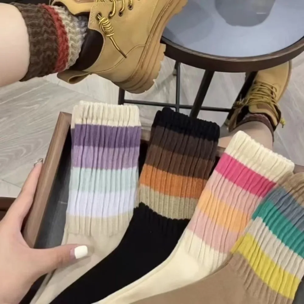 

Striped Pile up Socks Fashion Breathable Versatile Women's Long Socks Cotton Middle Boot Sleeve Four Seasons