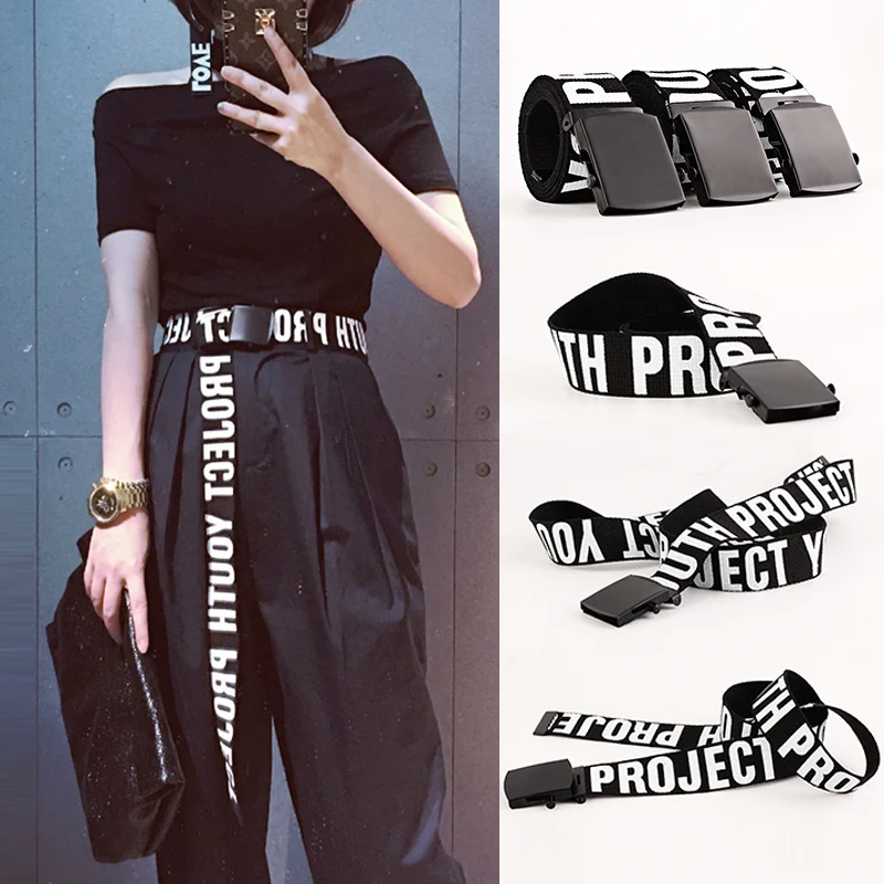 Long Woman Gothic Harajuku Canvas Belt Punk Street Waistband Girls Letters Printed Decoration Metal Buckle Jeans Hip Hop Belts