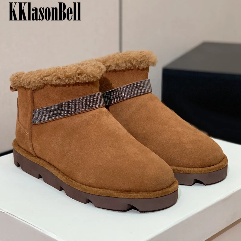 

12.11 KKlasonBell Snow Boots Women Bead Chains Wool Lining Keep Warm Cow Suede Genuine Leather Ankle Boots