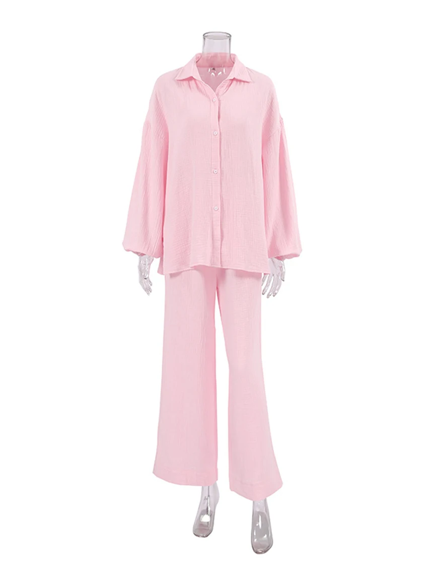Marthaqiqi Loose Ladies Nightwear Set Long Sleeve Sleepwear Turn-Down Collar Pajamas Wide Leg Pants Cotton Women For Home Clothe