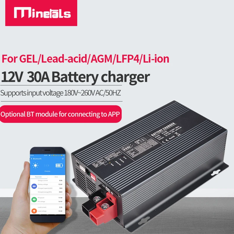 AC to DC 12V Smart Battery Charger Supports LiPo LFP4 Lead-acid AGM Gel Batteries 30A Optional BT APP lithium battery charger battery charger