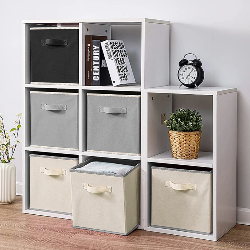 Collapsible Beige Gray Fabric Storage Basket