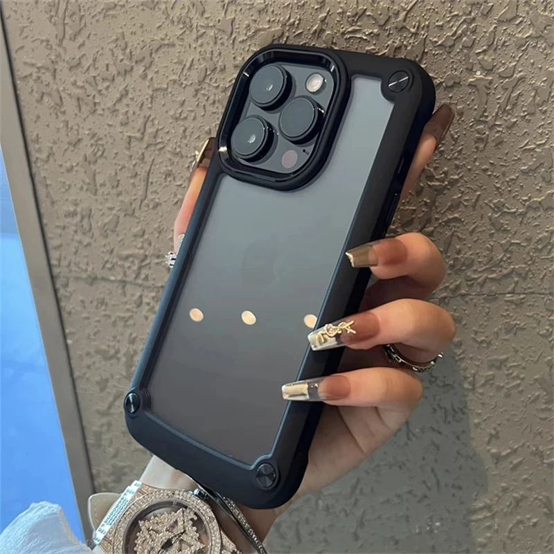 Shockproof Armor Clear Phone Case with Transparent Acrylic and Metal Button Hard Bumper Cover