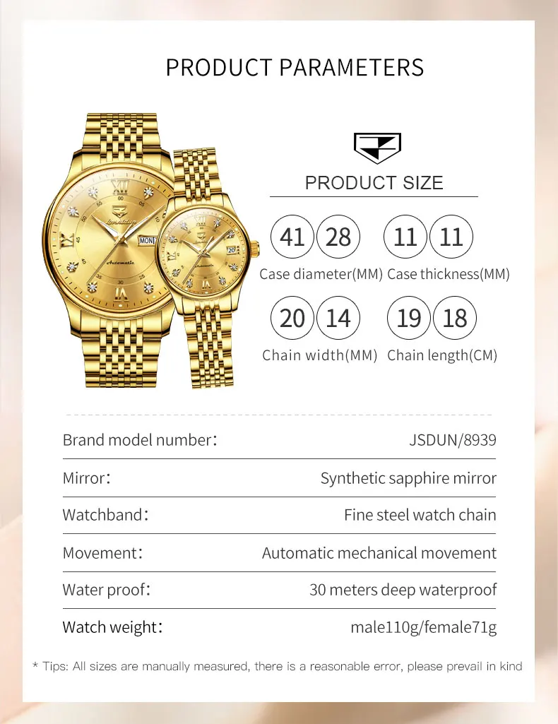 JSDUN 8939 Couple Watches Calendar Diamond Scale Original Automatic Mechanical Wristwatch Stainless Steel Waterproof Watches