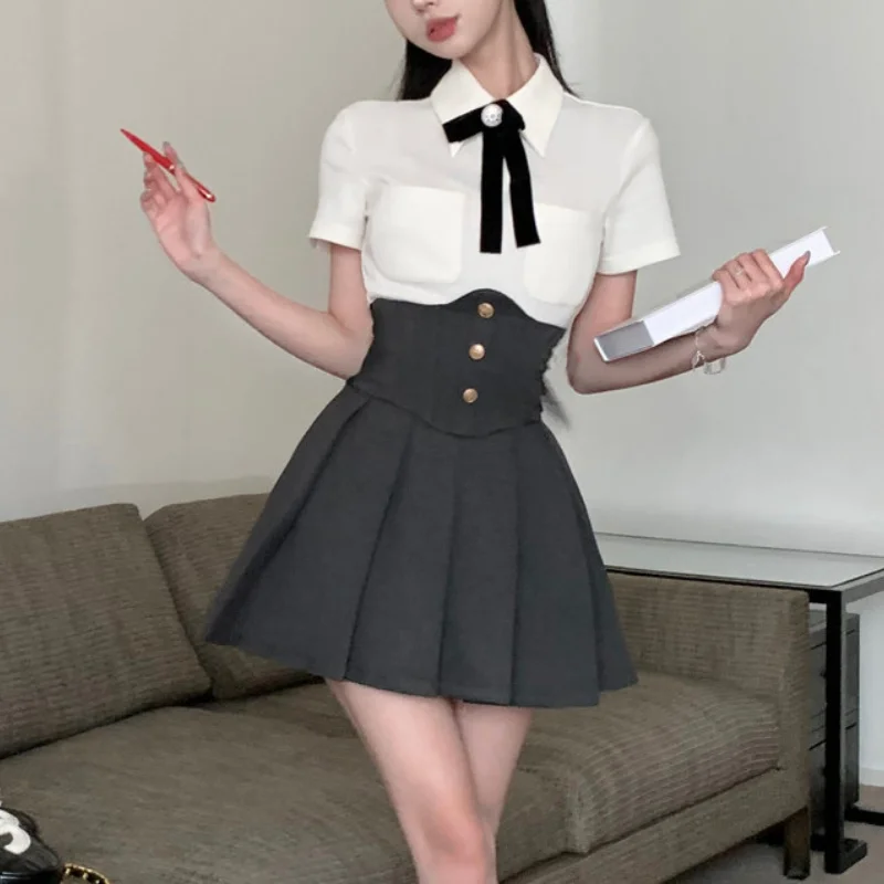 

Женский костюм из двух предметов, блузка с коротким рукавом и Милая Мини-юбка в Корейском стиле, повседневный японский костюм Y2k, лето 2023