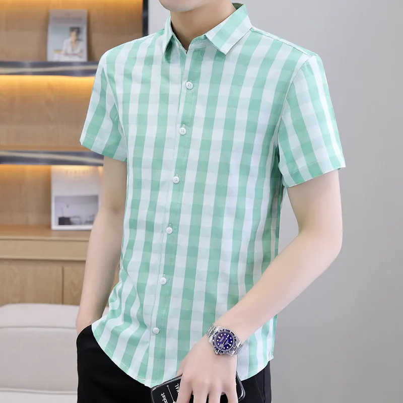 

2023 Men's Summer New Plaid Short Sleeve Pointed Collar Shirt Youth Slim Fit Handsome Casual Thin Shirt