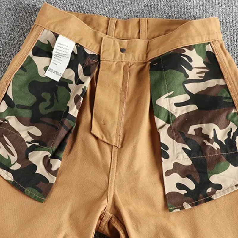 Heavy compact beaded woven men's casual pants American retro trend stitching design sense long cargo