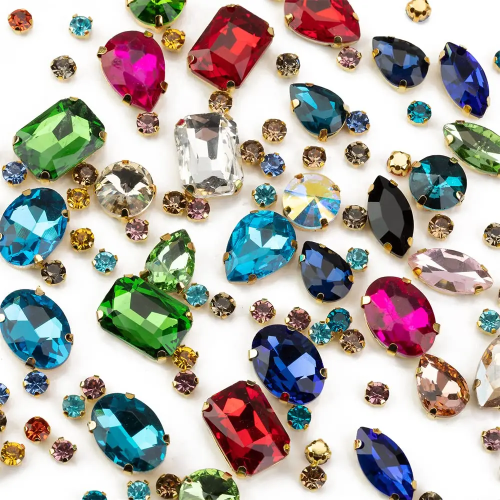 Sew on rhinestones 130PCS glass metal back prong setting mixed shapes