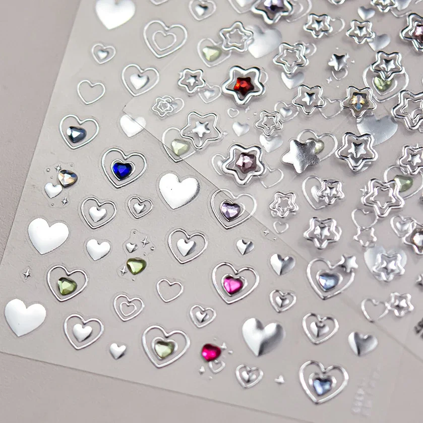 Colored Crystal Star Love Heart Shiny Silver Hollowed Smudging Rainbow Flower Jelly Embossed Nail Art Stickers Manicure Decals 4