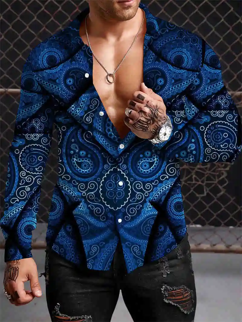 2023 Bohemian Y2K Men Shirt Fashion 3D Printing Shirts Pattern Casual Oversized Long-sleeved Shirt Fitting Clothing Tops