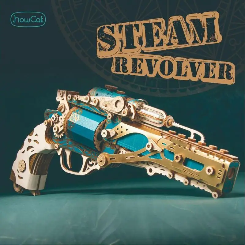 How Cat DIY 3D Wooden Puzzle Steam Revolver Assembly Model Kits Toys For Children