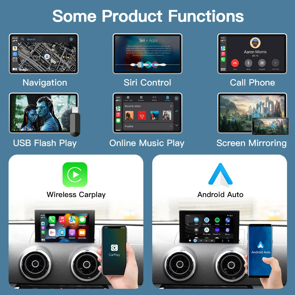 CARABC Wireless CarPlay Android Auto Adapter Mirror Link AirPlay Bluetooth GPS Navigation For Audi A3 8v 2013 -