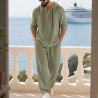 Nouvel ensemble pull à capuche en lin pour homme - coupe ample, chemise décontractée confortable à manches longues et pantalon large - tenue de plage estivale 3